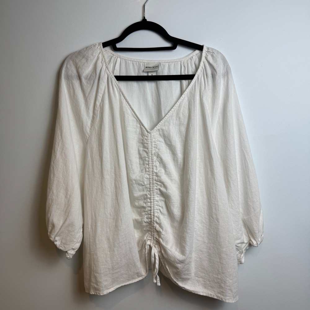 Ava Viv Blouse Linen Top Oversized Ruched Front 1X White Peasant Coastal